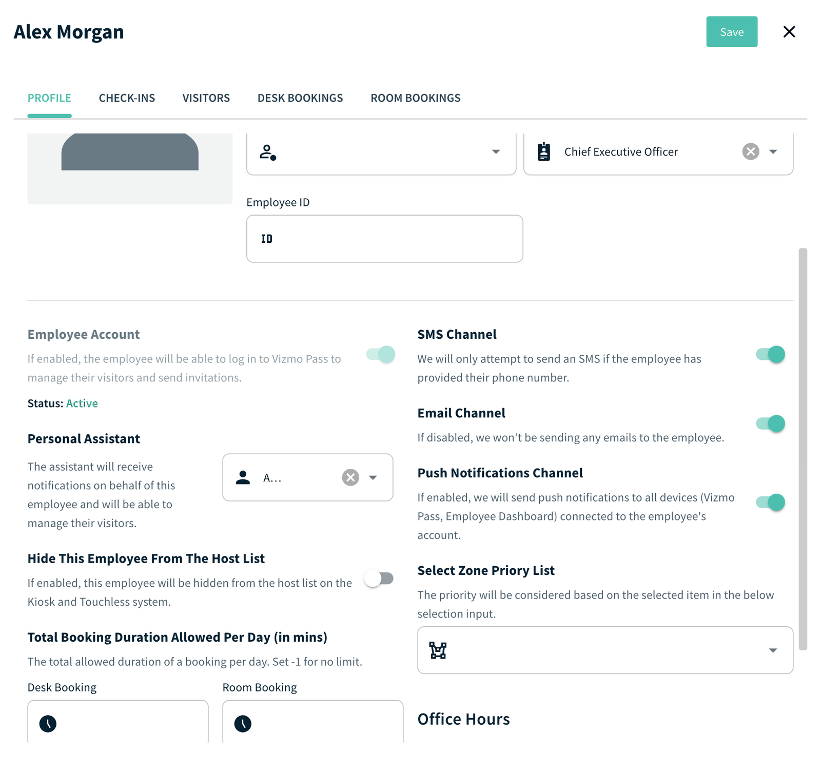 Employee details, Profile tab, with the Personal Assistant selector and Save