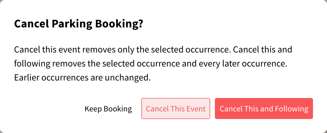 Cancel Parking Booking dialog with Cancel This Event and Cancel This and Following