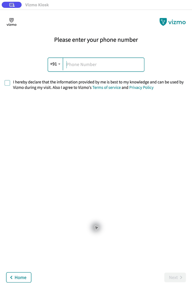 Kiosk phone number screen with consent checkbox and Next button