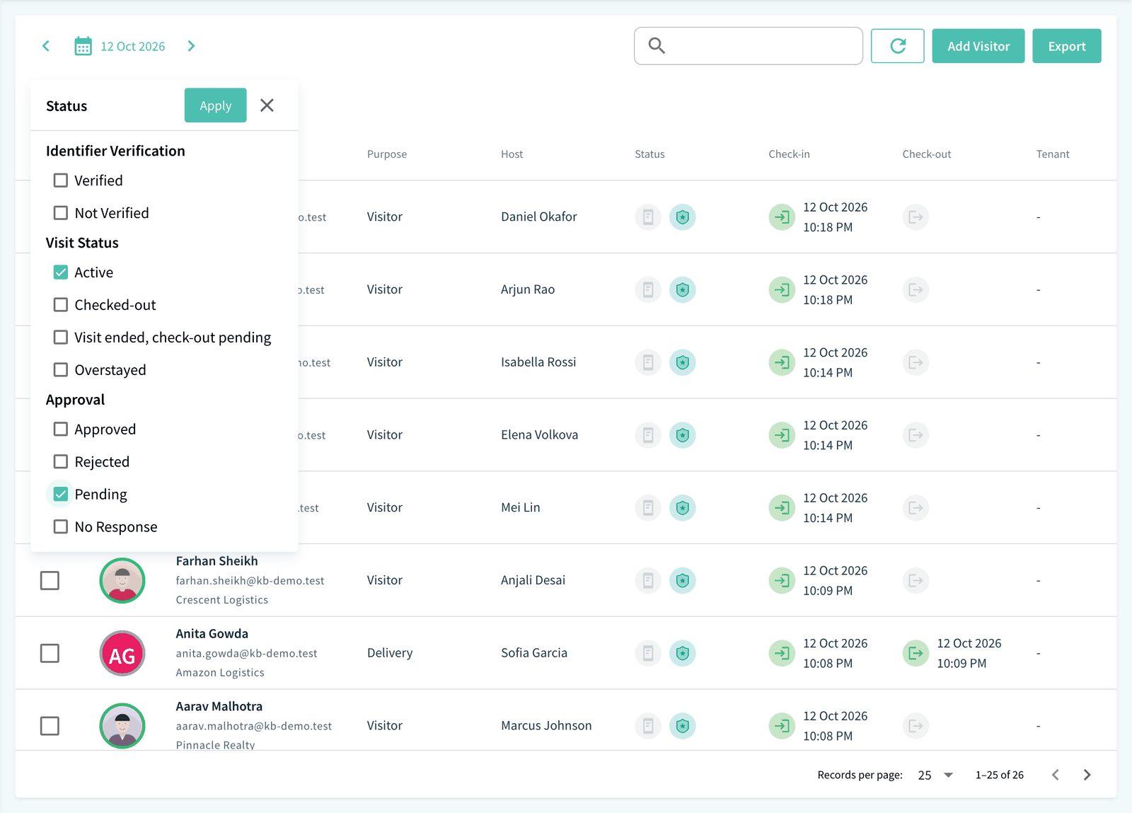 Visitor Log Filter Column menu with the Status groups