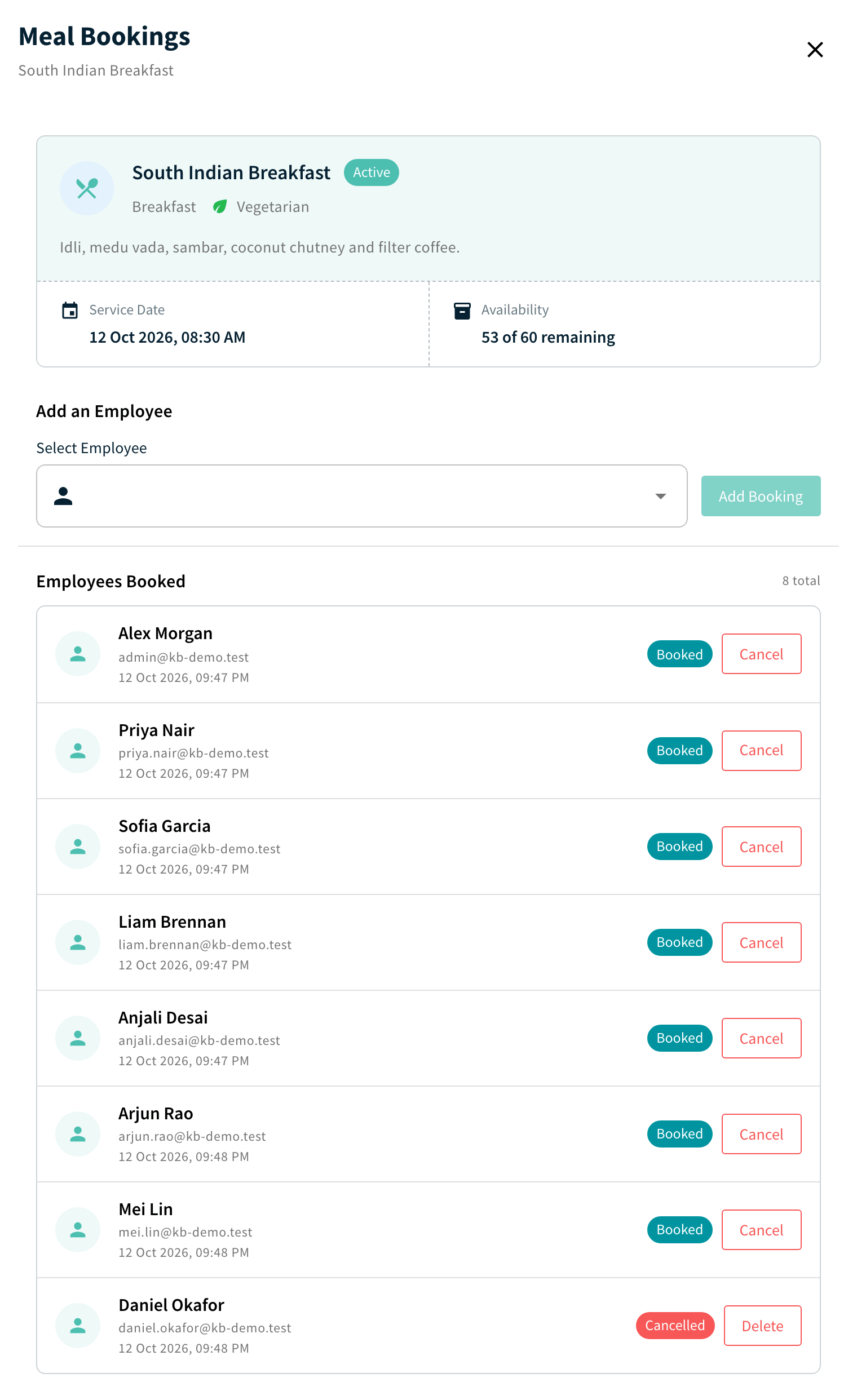 Bookings roster dialog with Select Employee and Add Booking