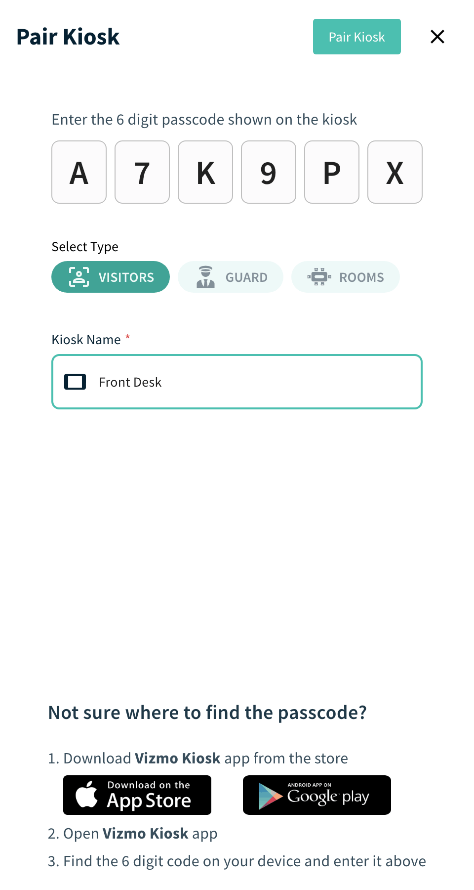 Pair Kiosk panel with Visitors type selected