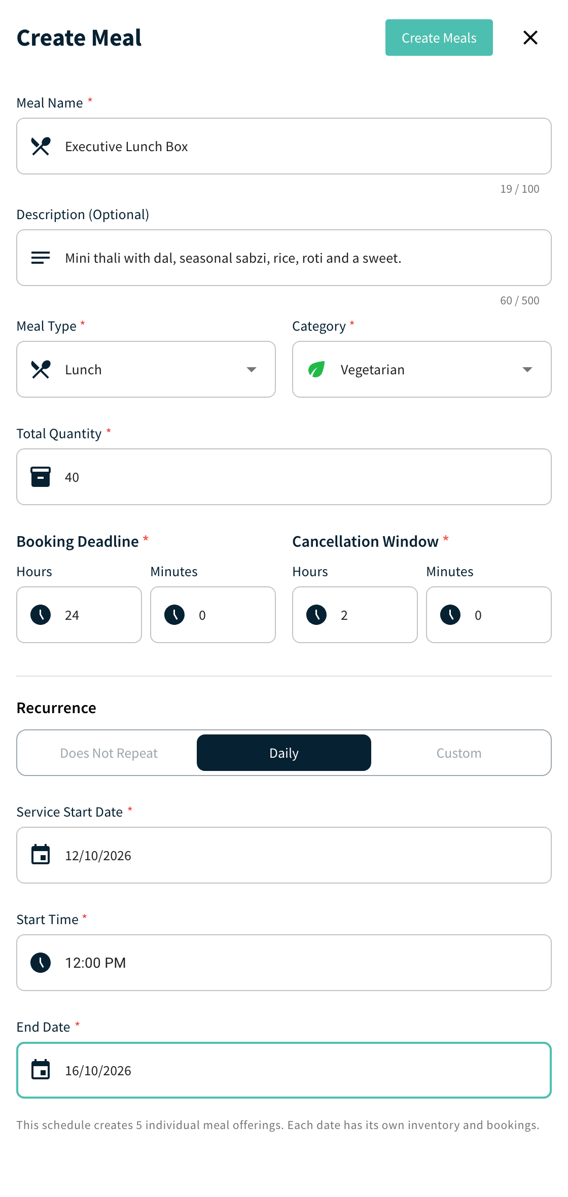 Create Meal form with Recurrence