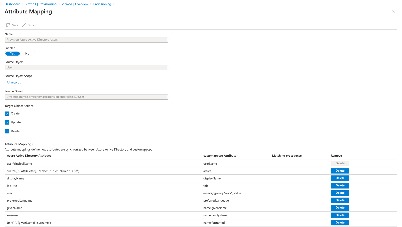 Entra user attribute mappings with the userName source attribute set to mail