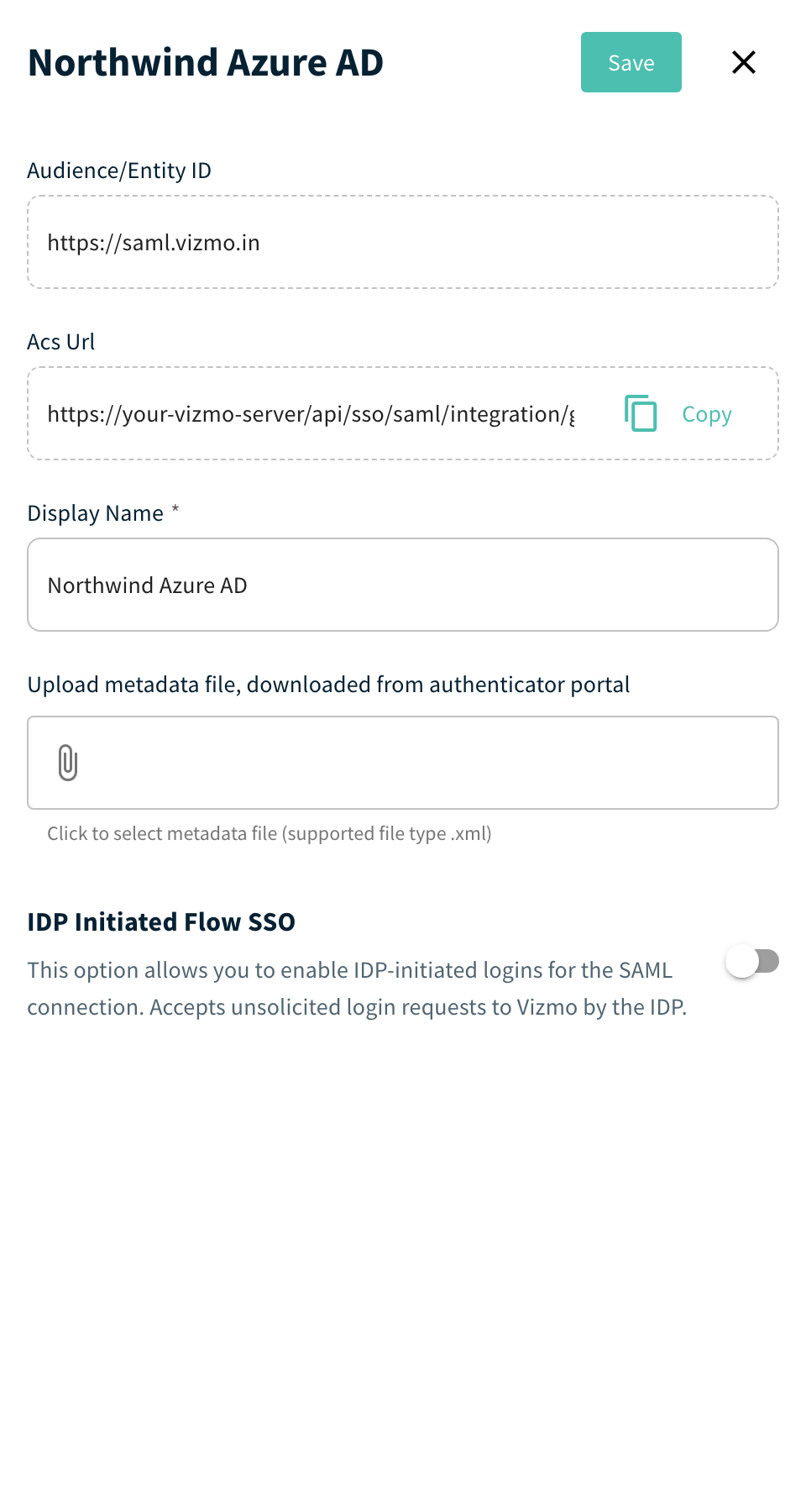 Single Sign On details panel with Audience and Entity ID, Acs Url, Display Name and metadata upload