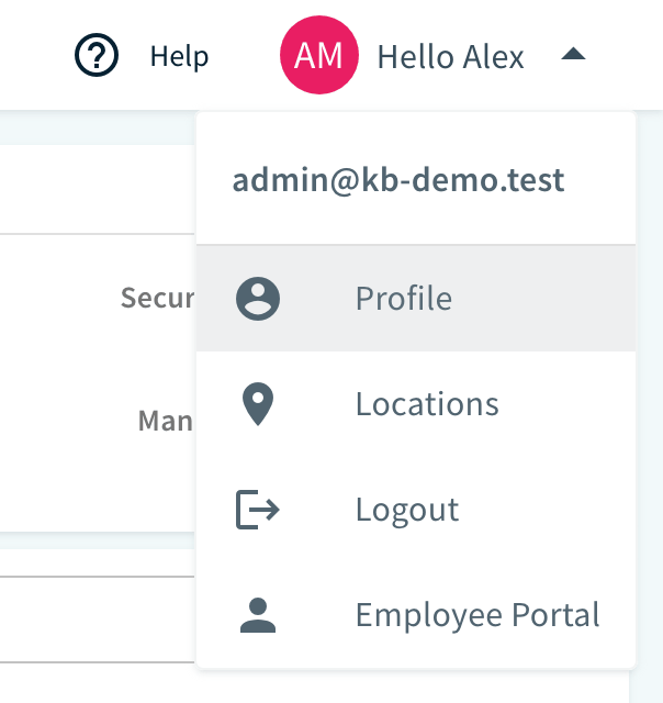 Top bar menu opened from the Hello menu, with Profile highlighted
