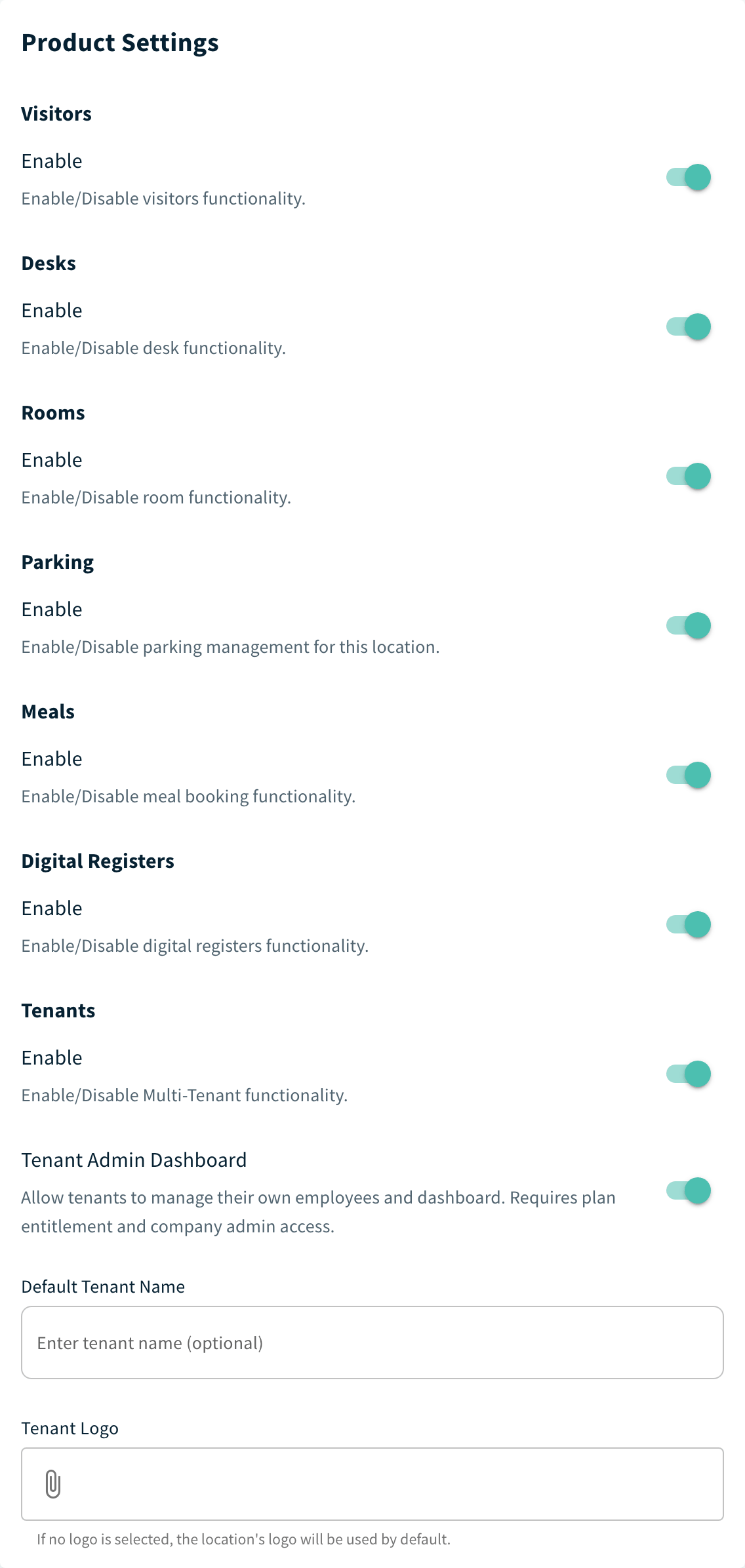 Location Settings Product Settings with Meals Enable toggle