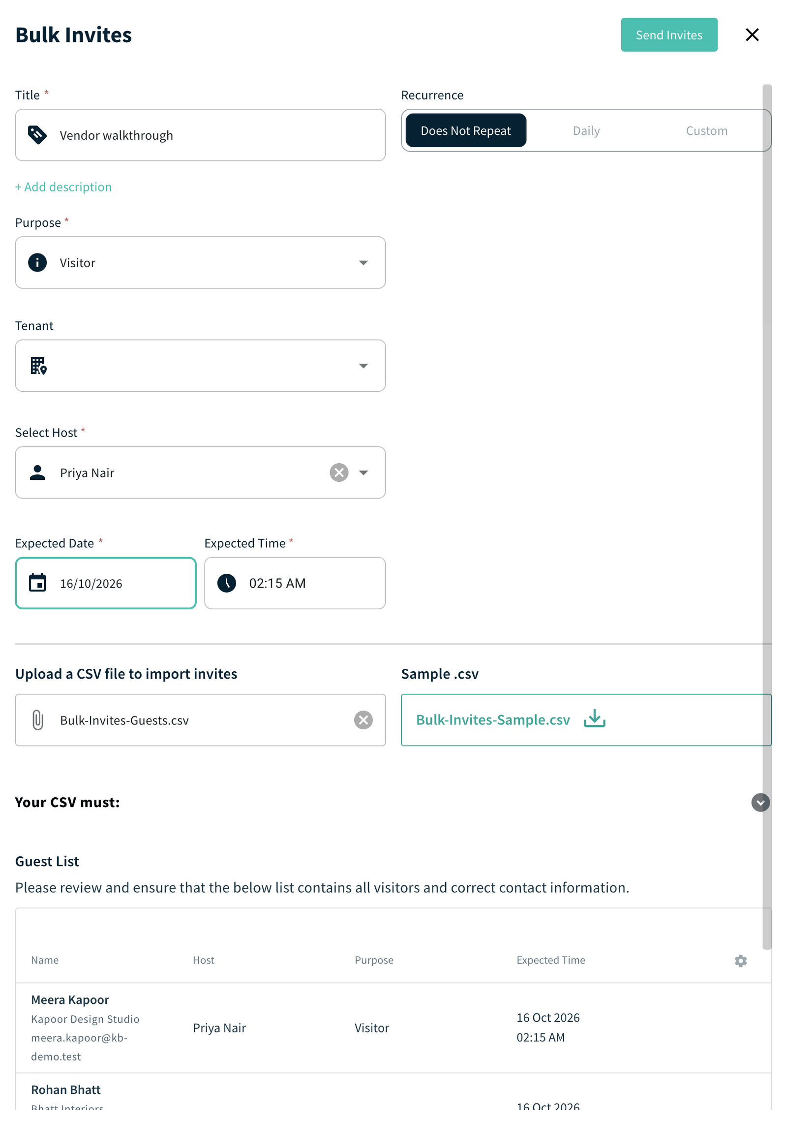 Bulk Invites drawer with the Guest List and shared invite details