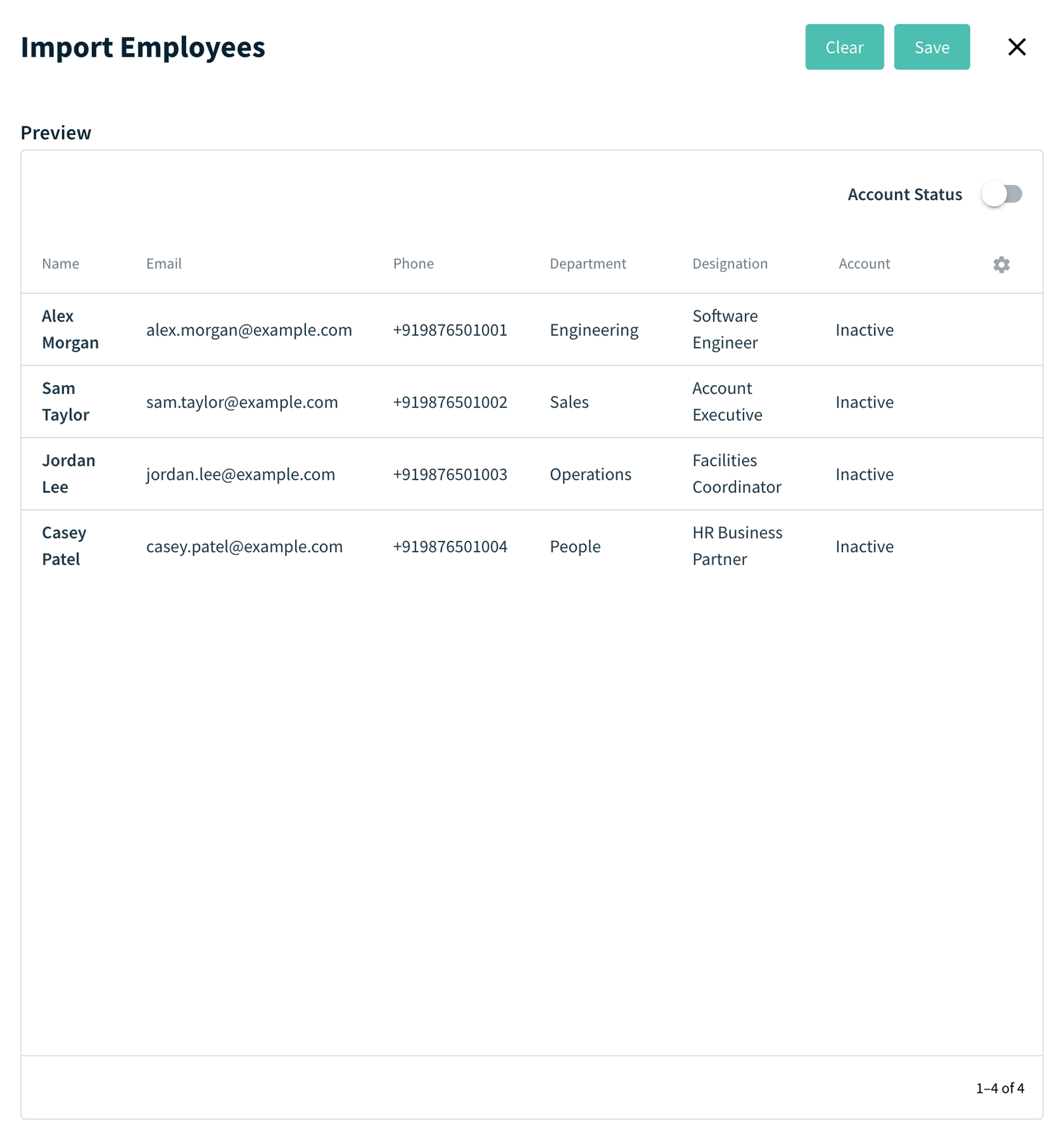 Import Employees panel with the Preview table and Account Status toggle
