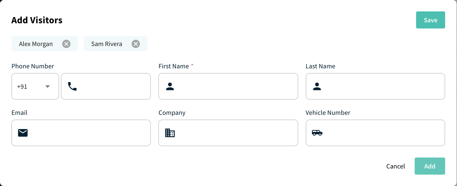 Add Visitors dialog with visitor chips and form