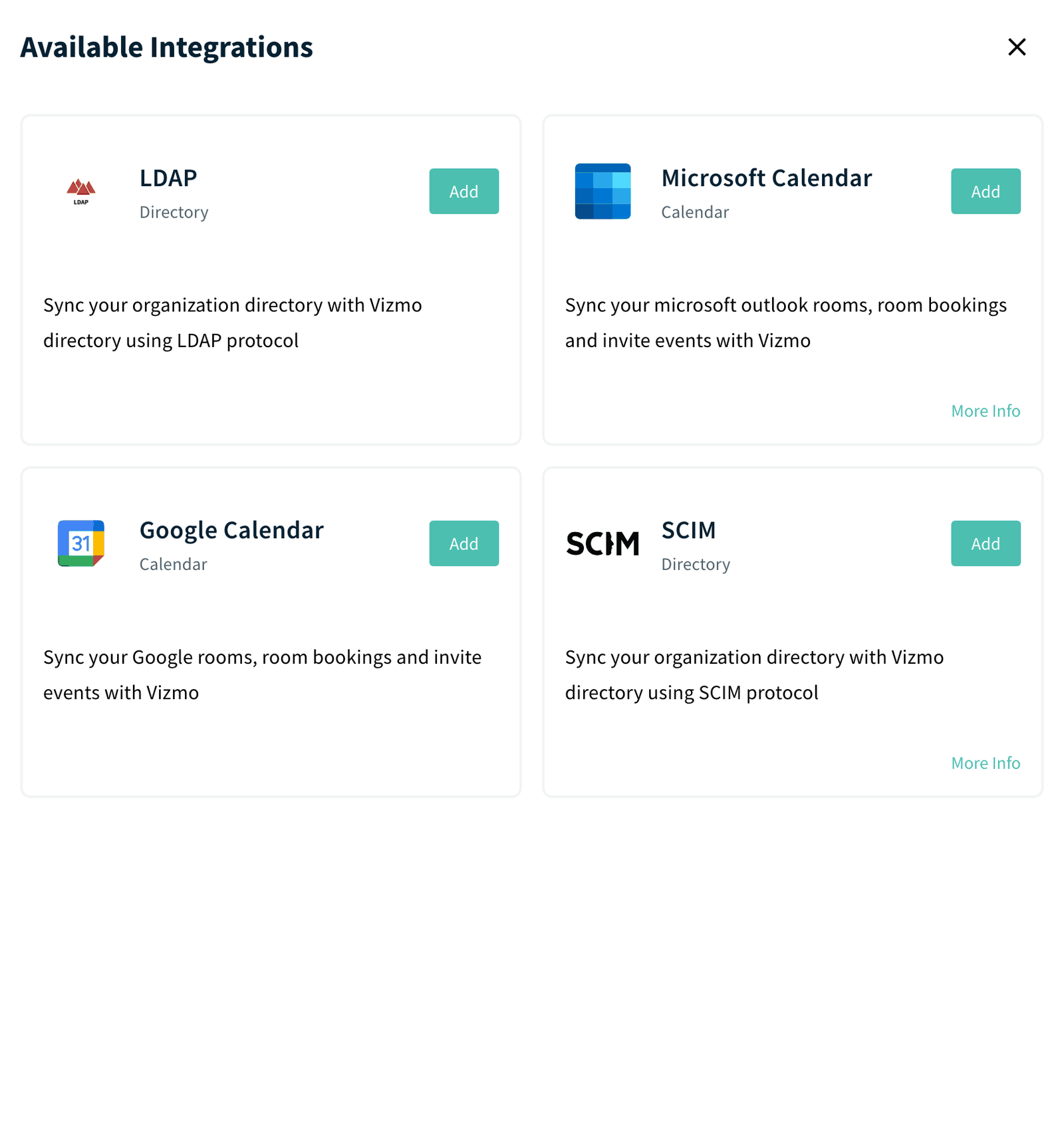Available Integrations panel with the LDAP card and its Add button