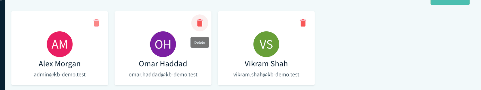 Admins page showing an admin card with the red trash icon