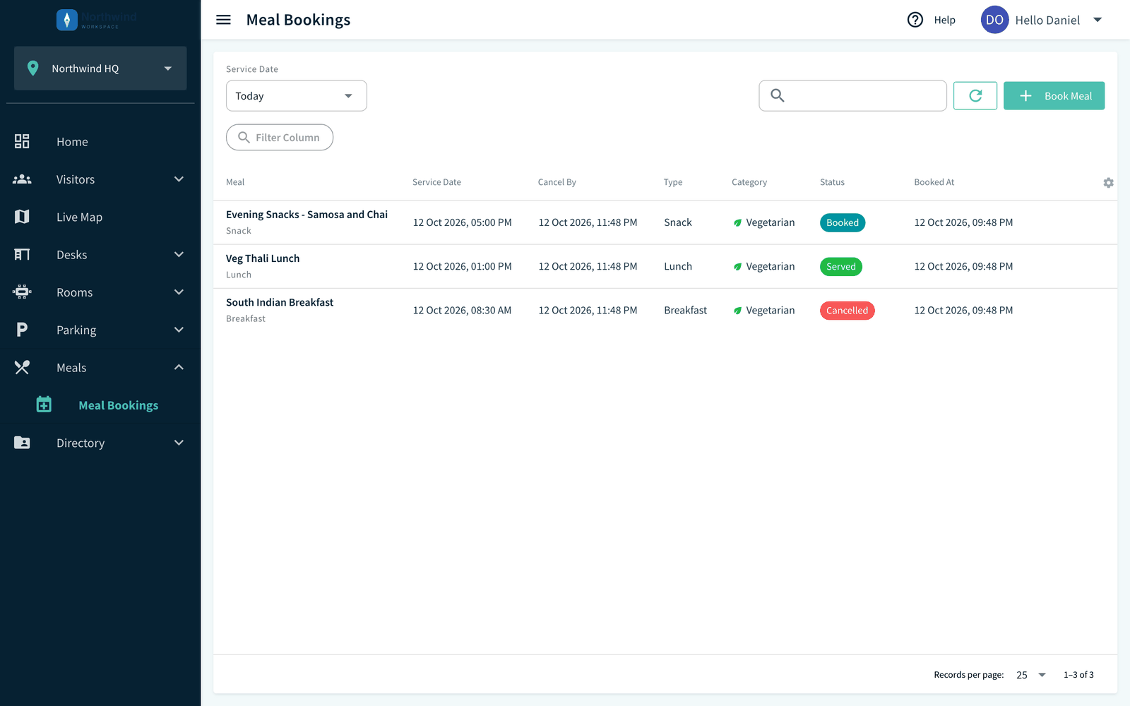 Employee portal navigation with Meals and Meal Bookings