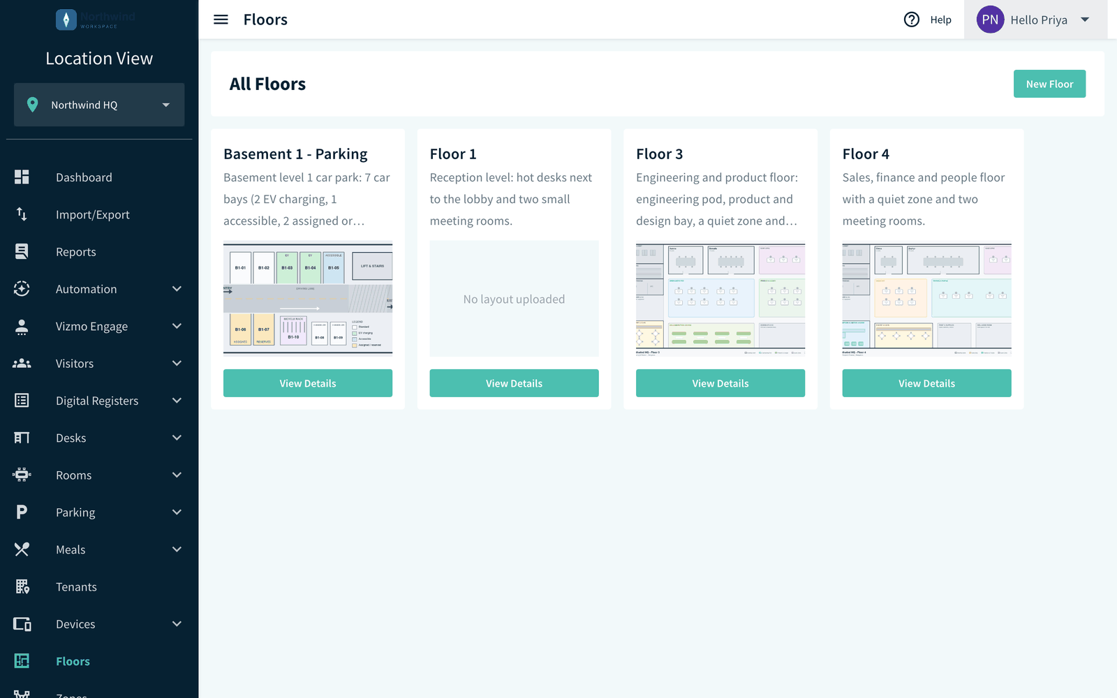All Floors page with a View Details button on each floor card