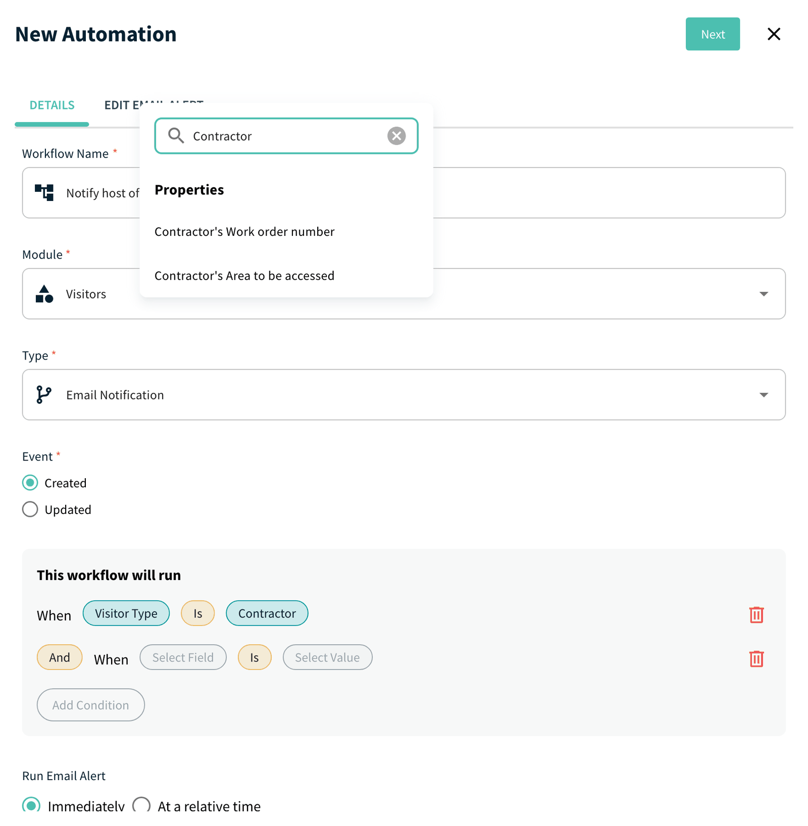 Select Field list with Search fields showing visitor questionnaire fields