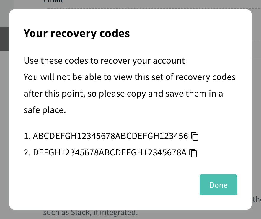 Your recovery codes window with Done button