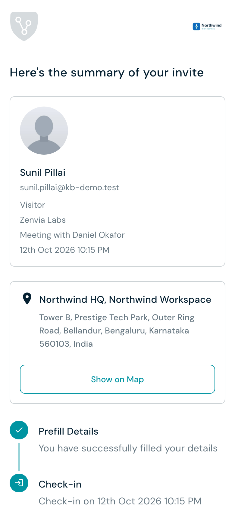 Invite status page with timeline and Check-in button