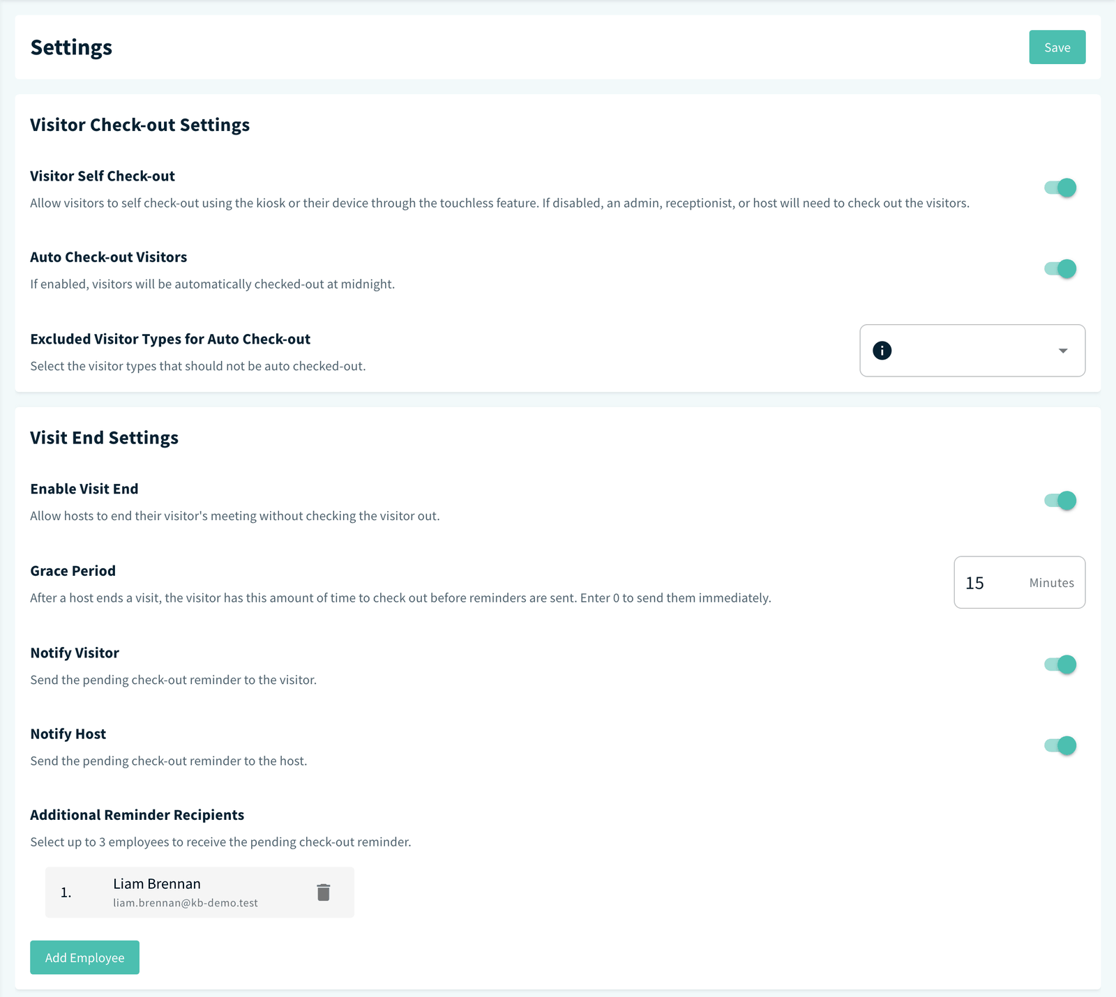 Check-out settings page with the four settings cards