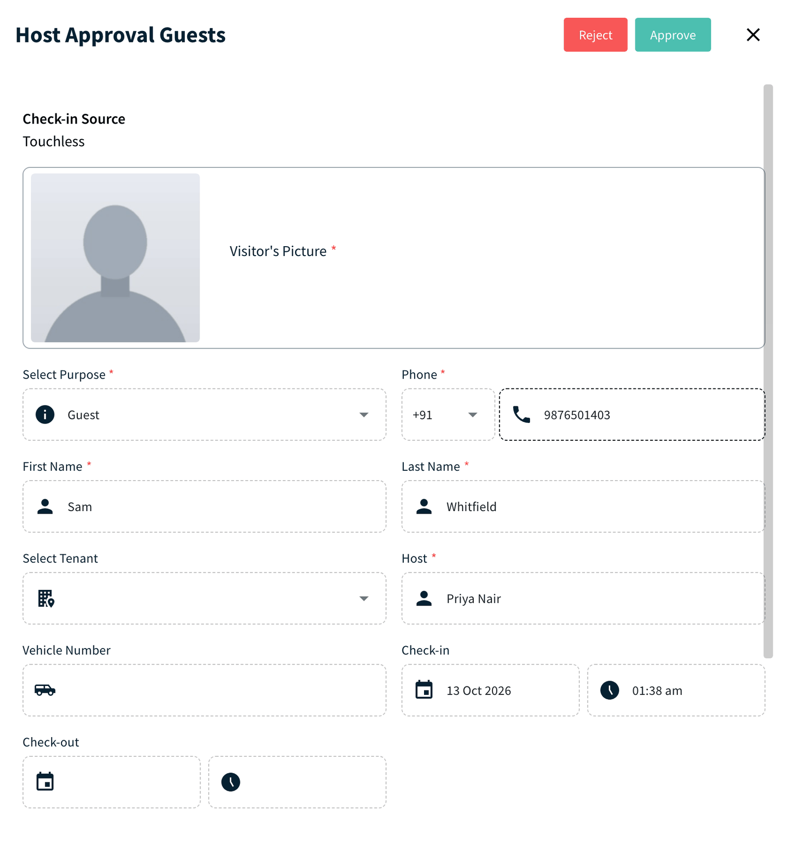 Visitor details panel with Approve and Reject buttons