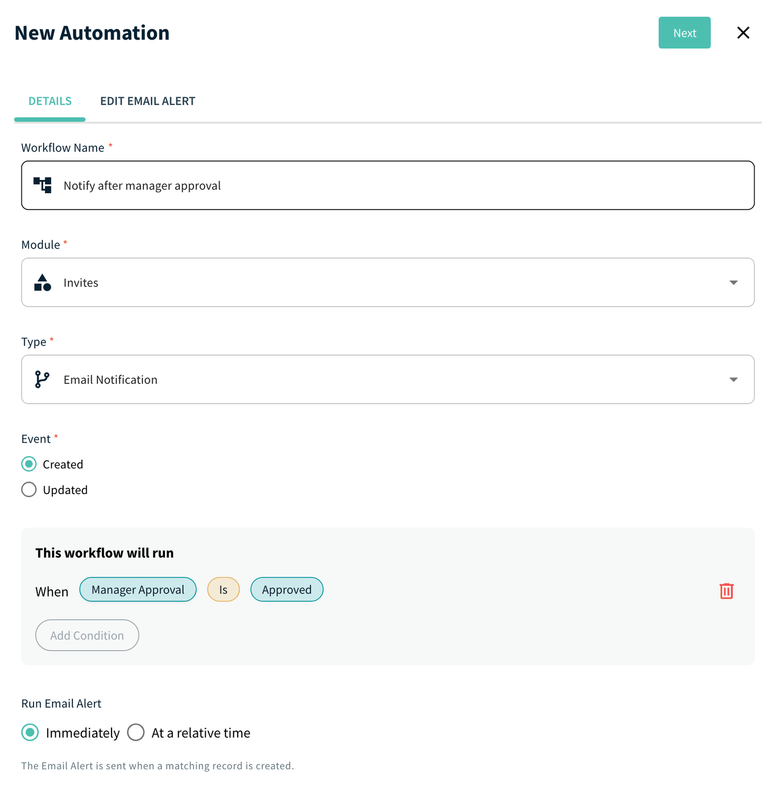 New Automation Details tab with approval condition