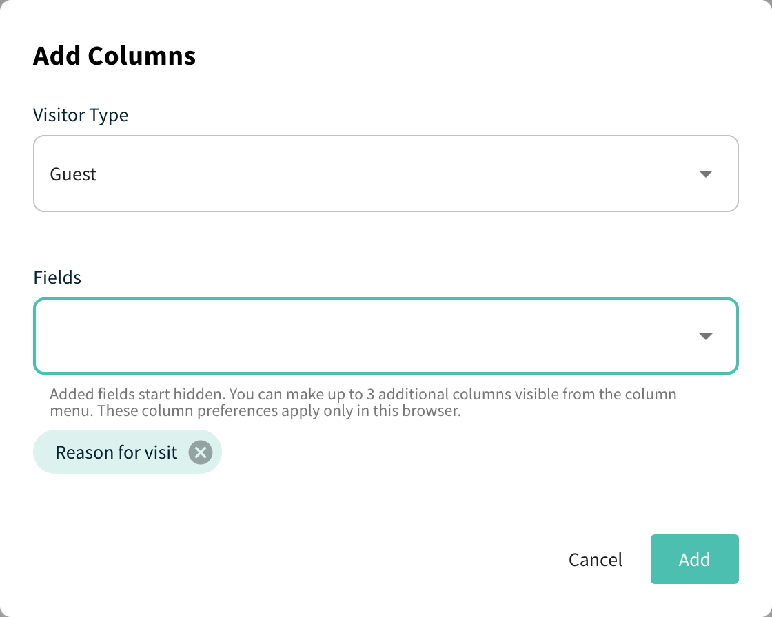 Add Columns dialog with Visitor Type and Fields