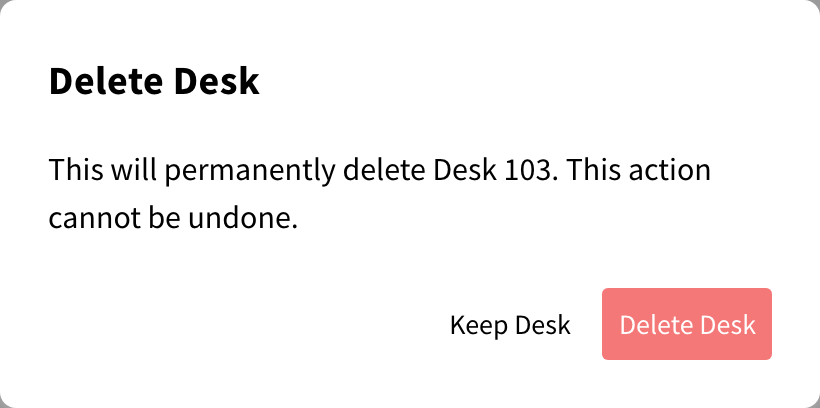 Delete Desk dialog asking to confirm permanent deletion