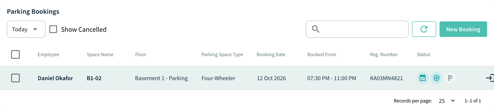 Parking booking row showing the Check-in and Cancel icons and the status icons