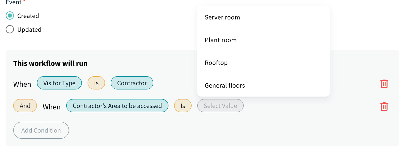 Condition row with operator and value drop-down
