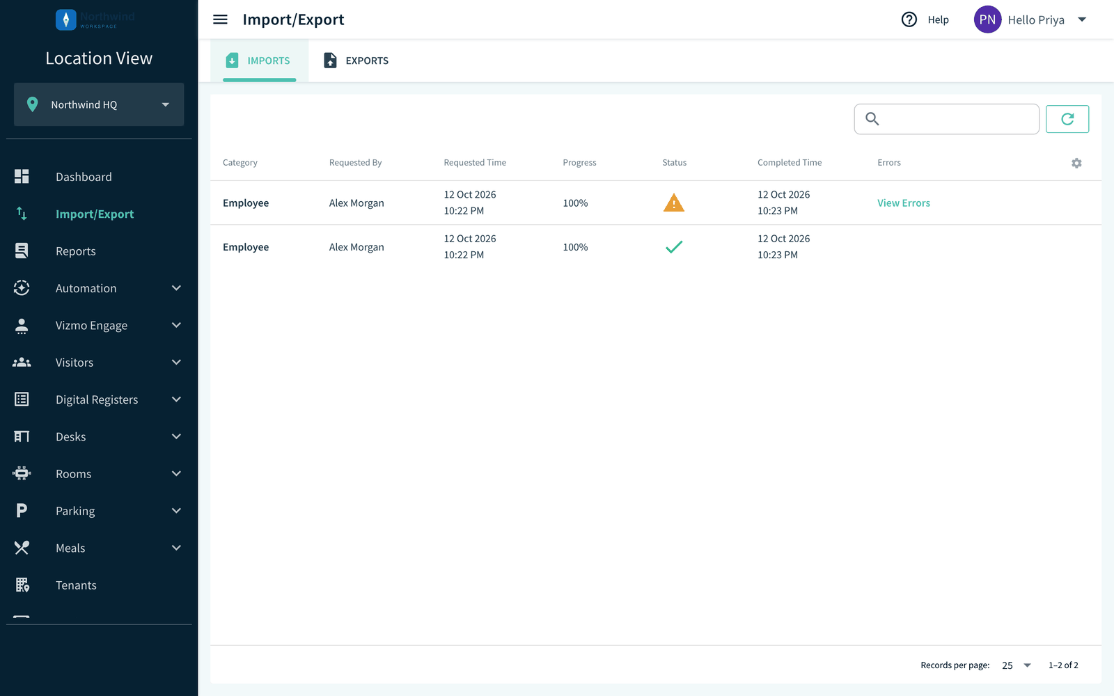 Import and Export page, Imports tab