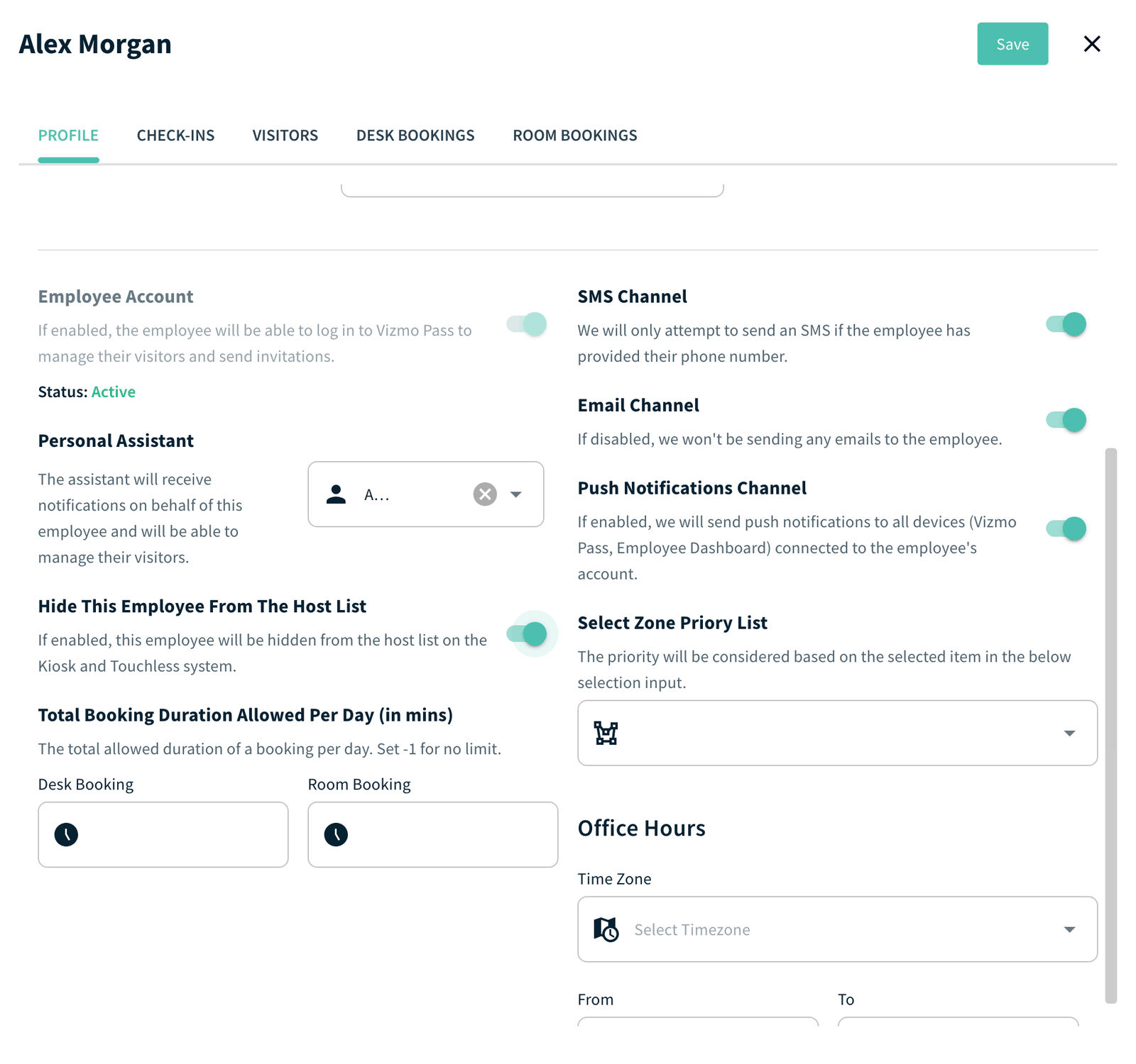 Employee details Profile tab with the Hide This Employee From The Host List toggle on