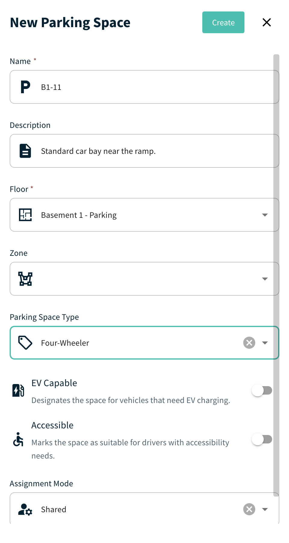 New Parking Space drawer with Name, Floor, Zone, Parking Space Type, EV Capable, Accessible, Assignment Mode and Enabled
