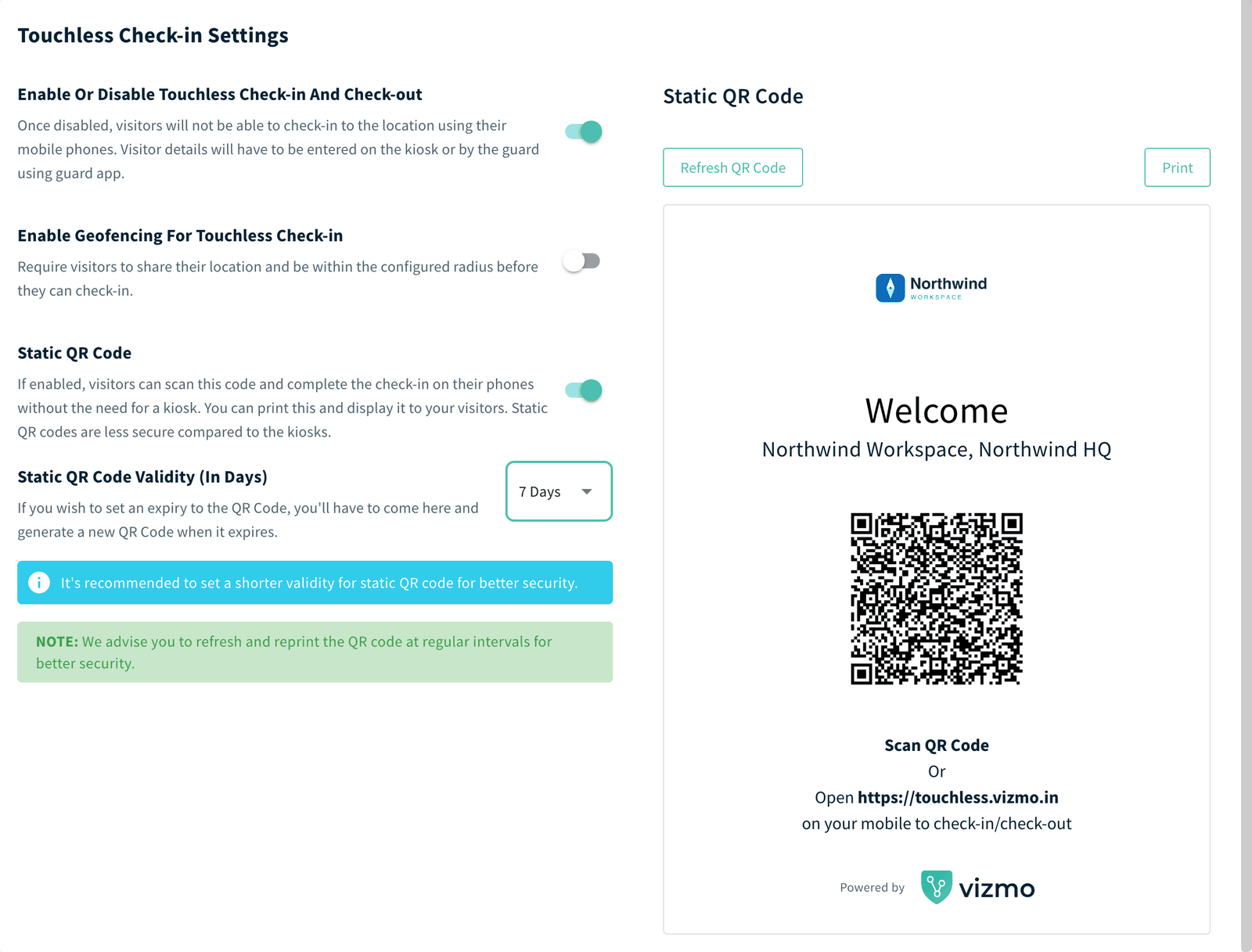Static QR Code section with validity and Refresh QR Code and Print buttons