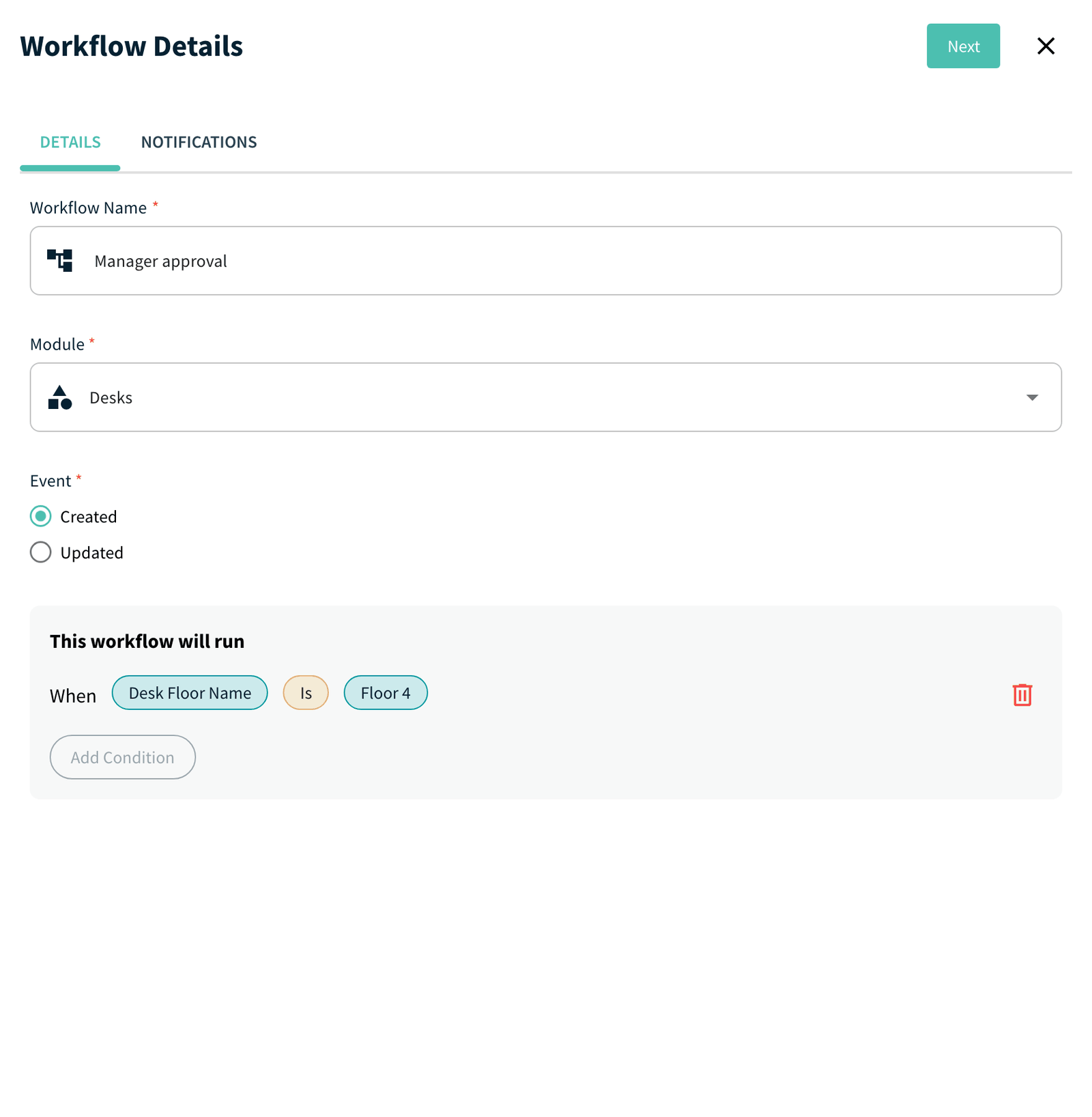 Workflow Details drawer, Details tab with conditions