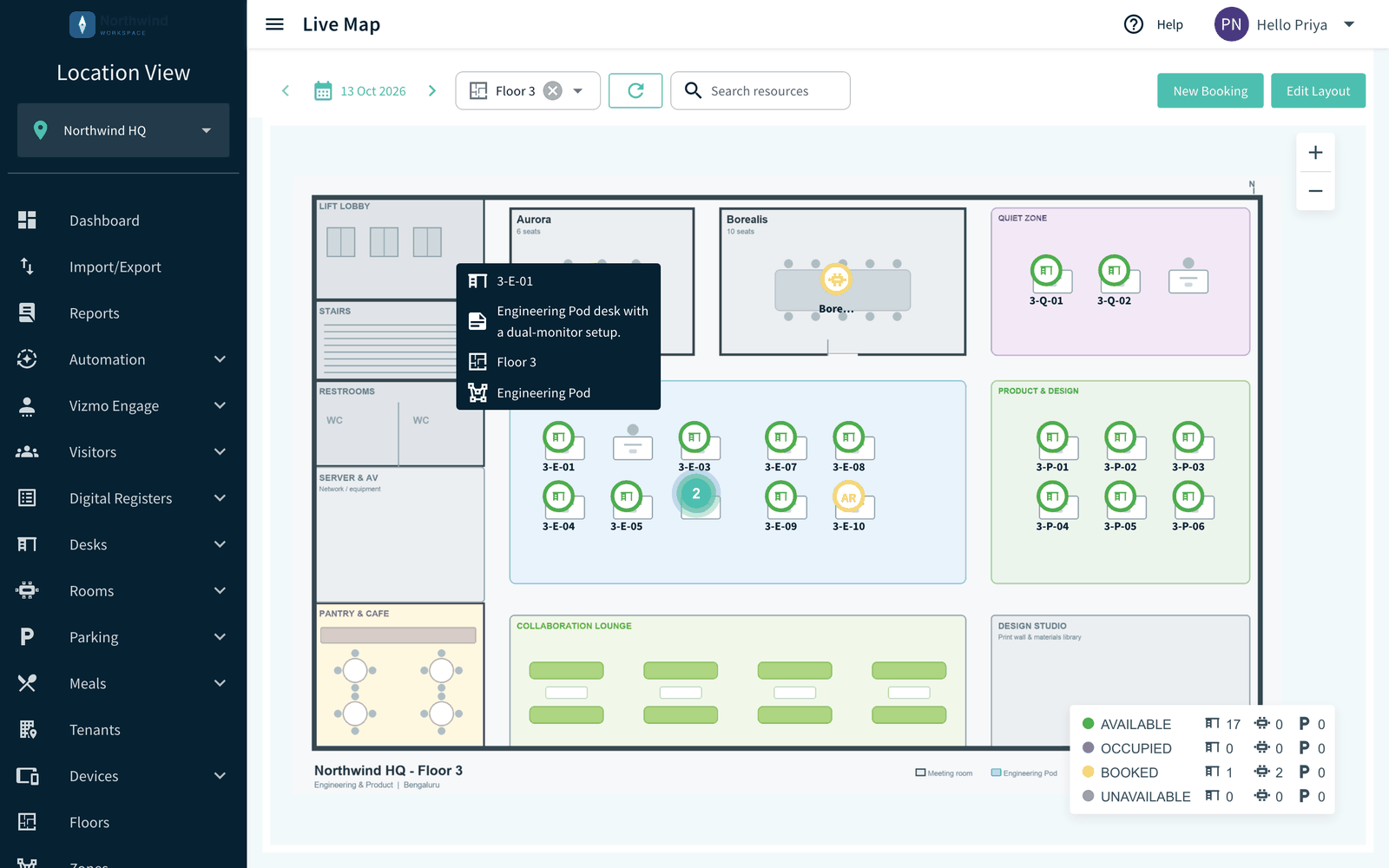 Live Map desk hover tooltip with Next Available