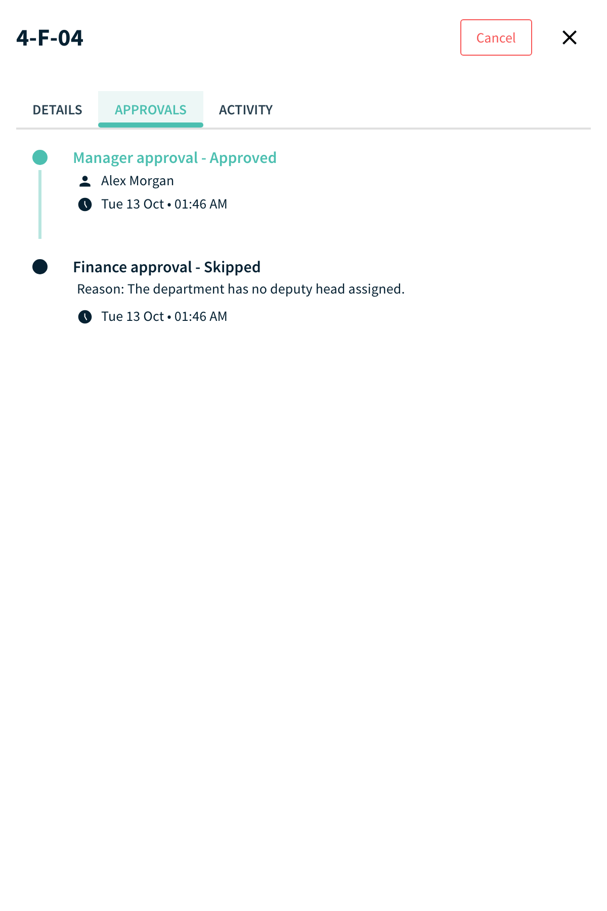 Booking details Approvals list with Approved and Skipped levels