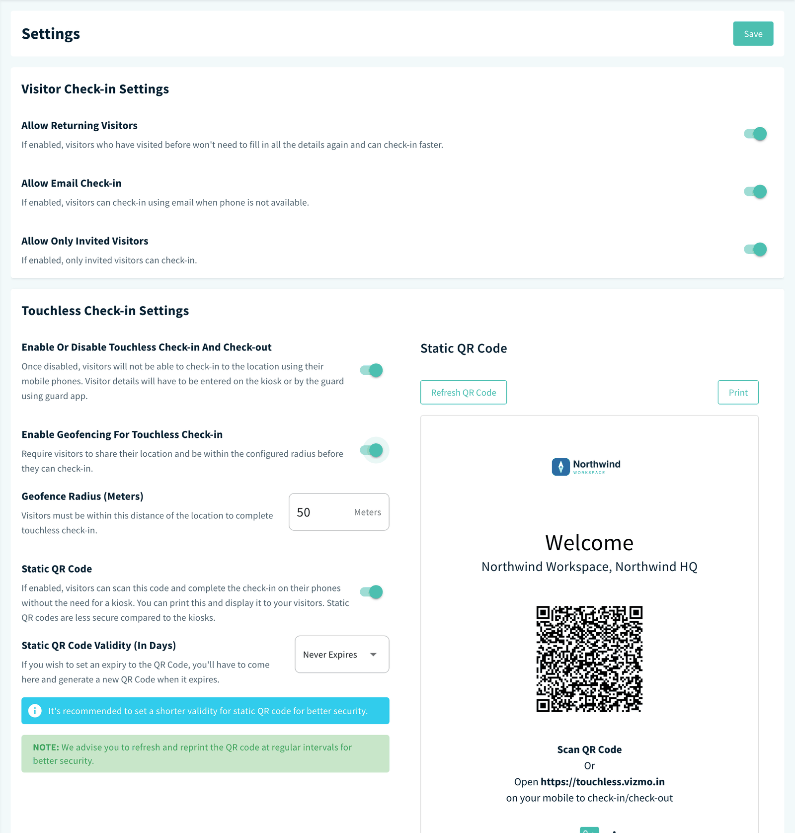 Check-in settings page with the Visitor Check-in Settings and Touchless Check-in Settings cards