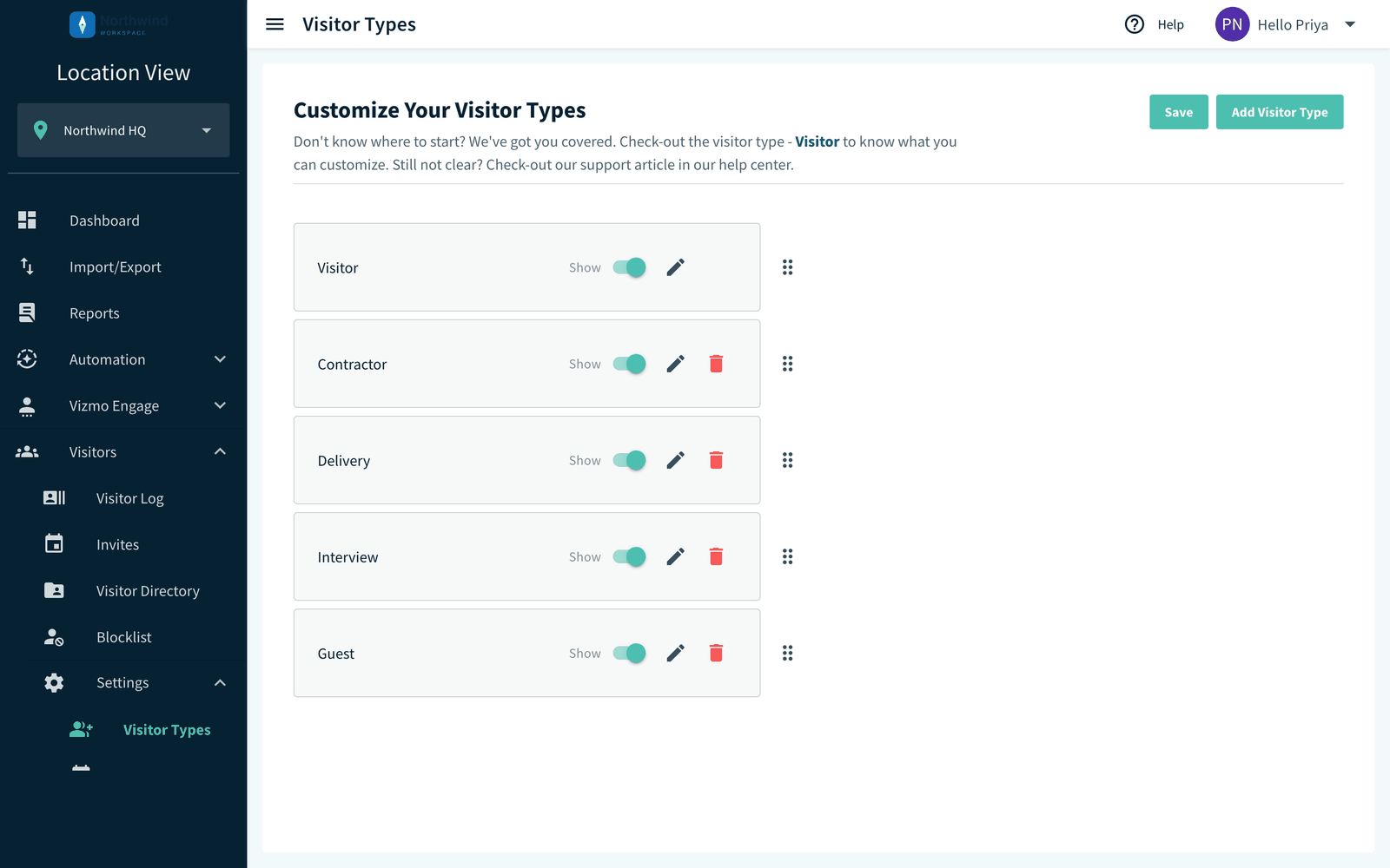 Visitor Types list with the Edit icon