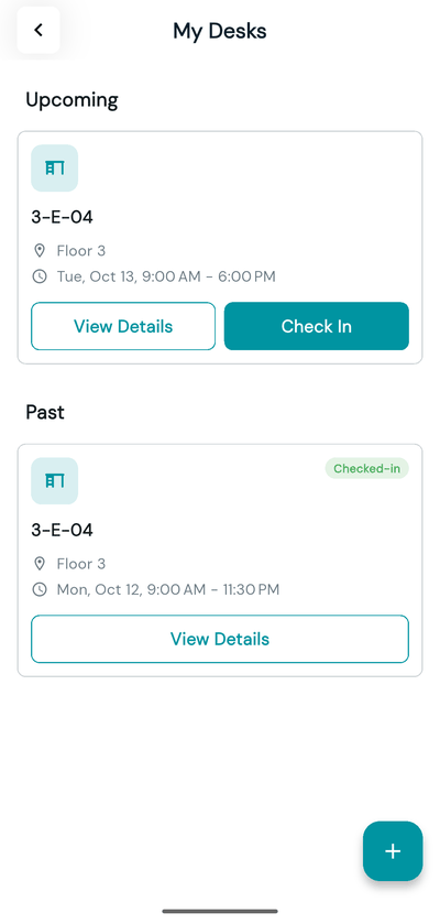 My Desks showing a booking card with View Details and Check In buttons