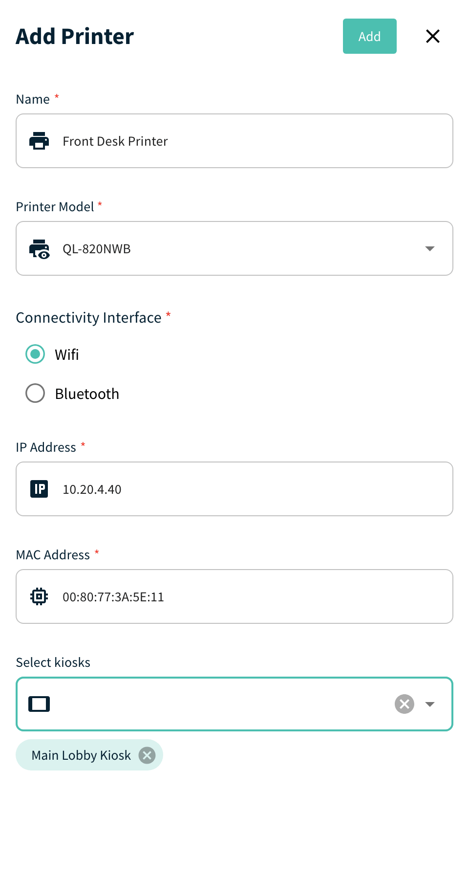 Add Printer panel for the QL-820NWB with Connectivity Interface