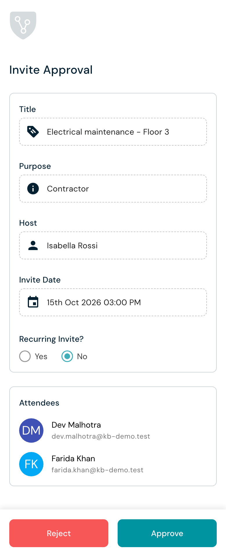 Approval page with the invite details and the Reject and Approve buttons