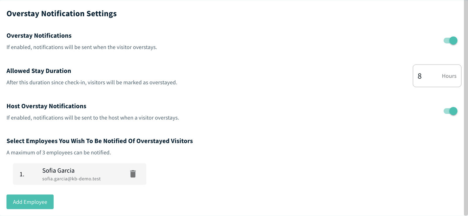 Overstay Notification Settings card