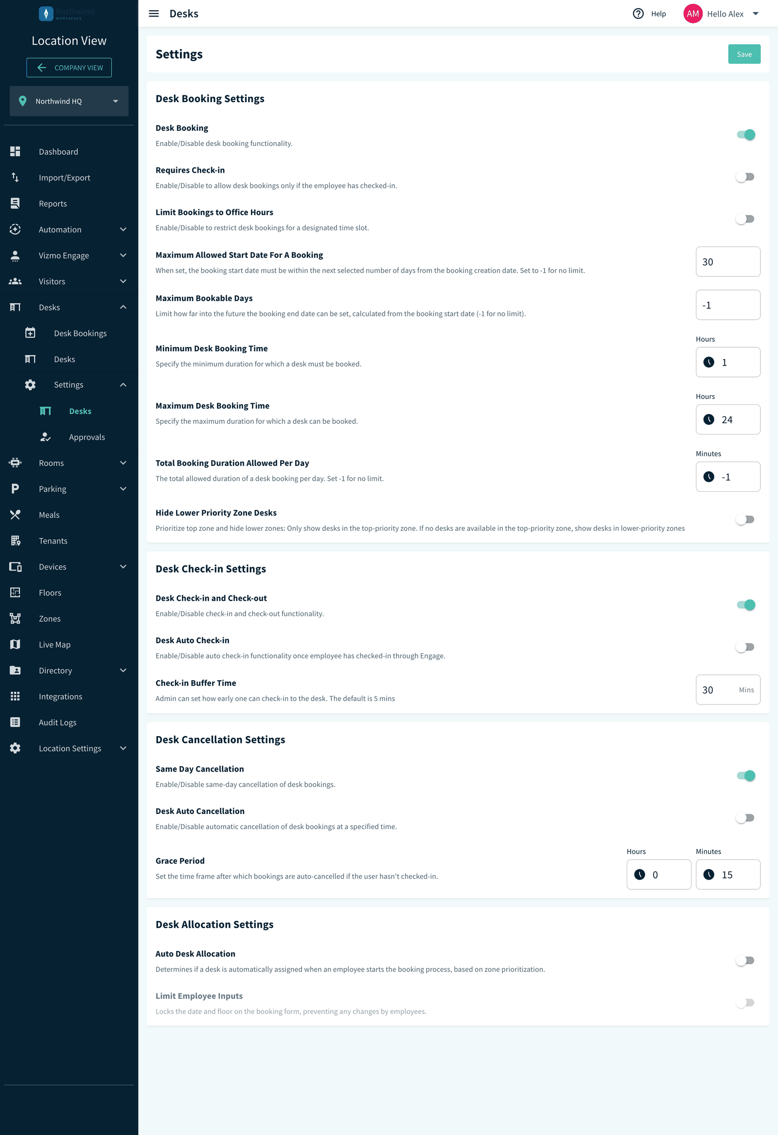 Desk Settings page showing the booking, check-in, cancellation and allocation sections