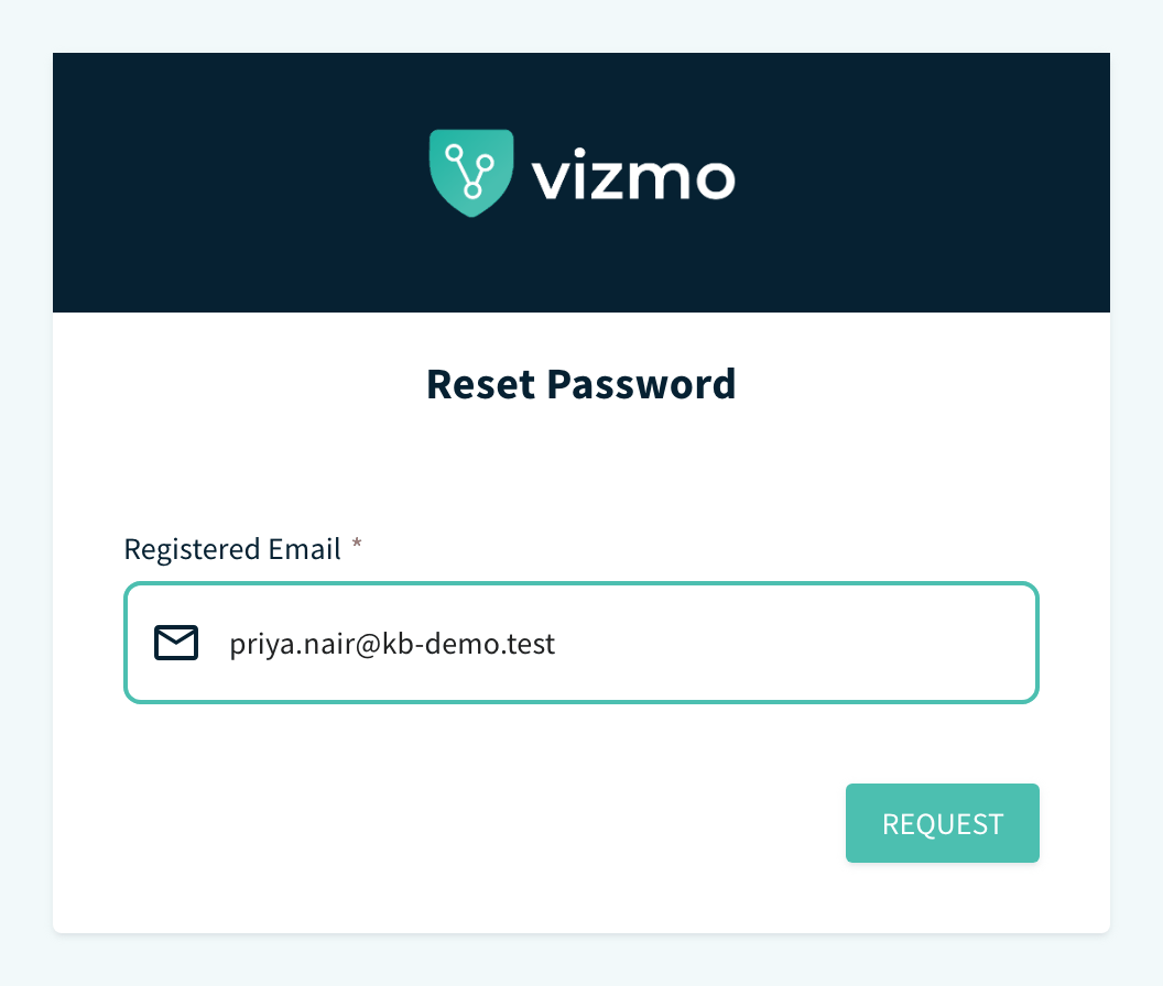 Password reset page, Registered Email and Request