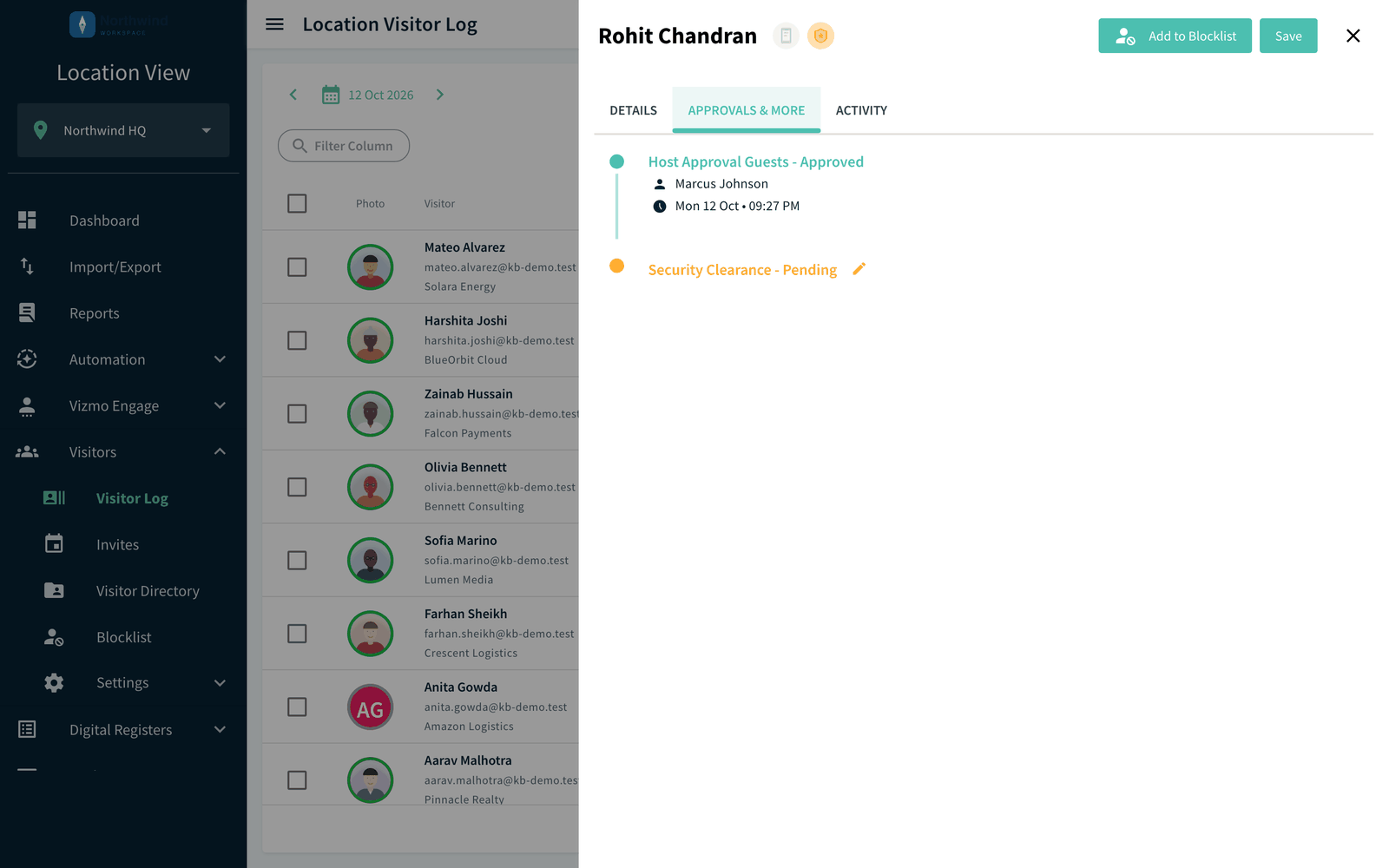 Visit details panel, Approvals and More tab