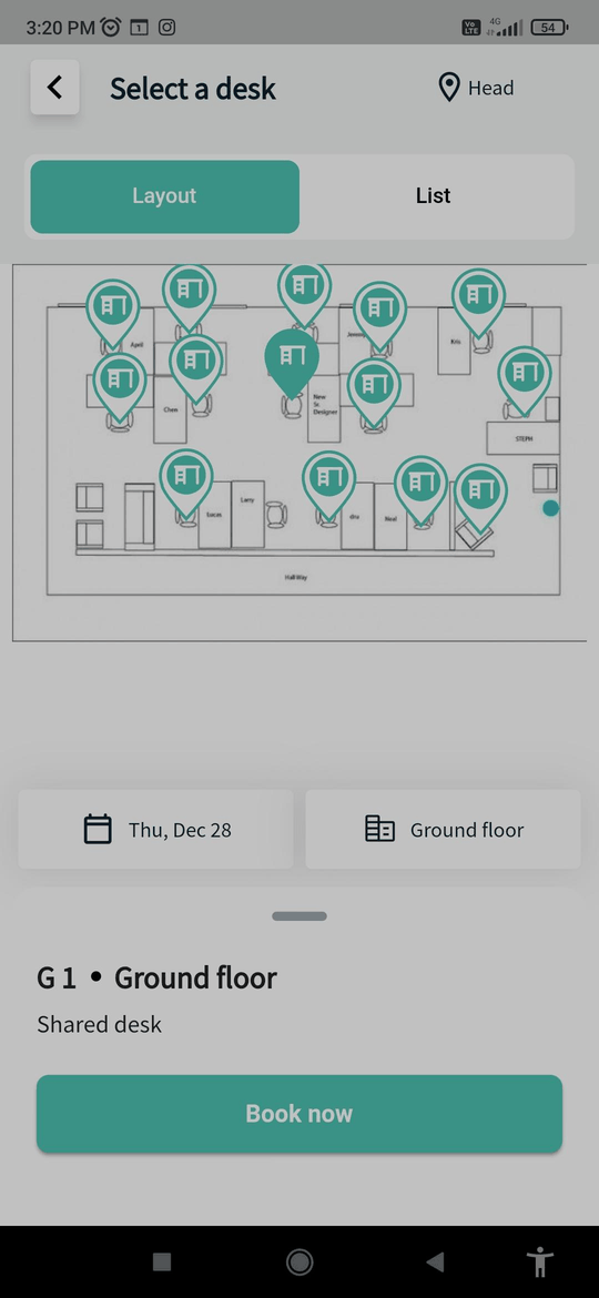 Select Desk list with an available desk selected and the Book now button