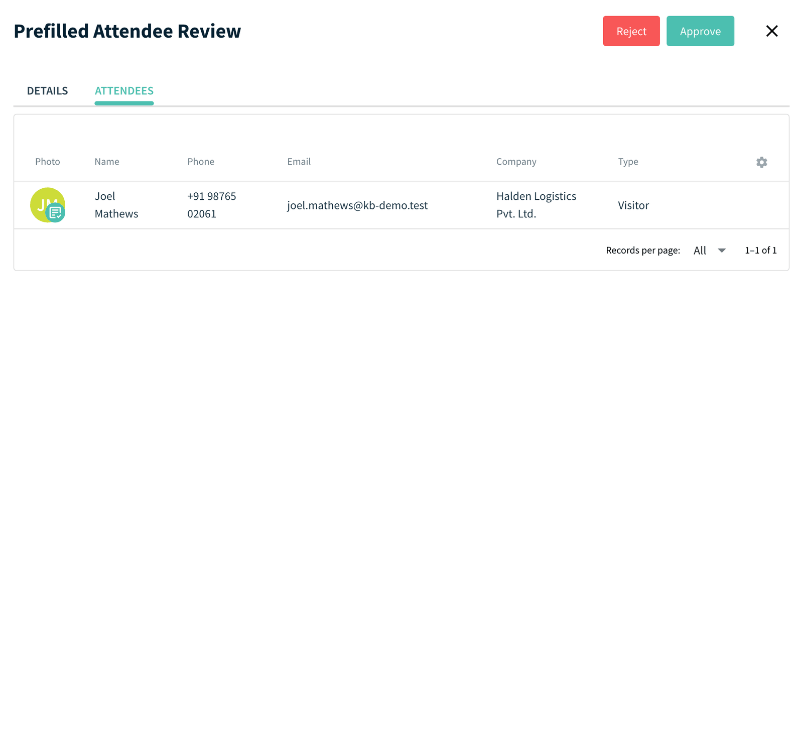 Pending Approvals list on the Invites page with the Details button and the Approve and Reject panel