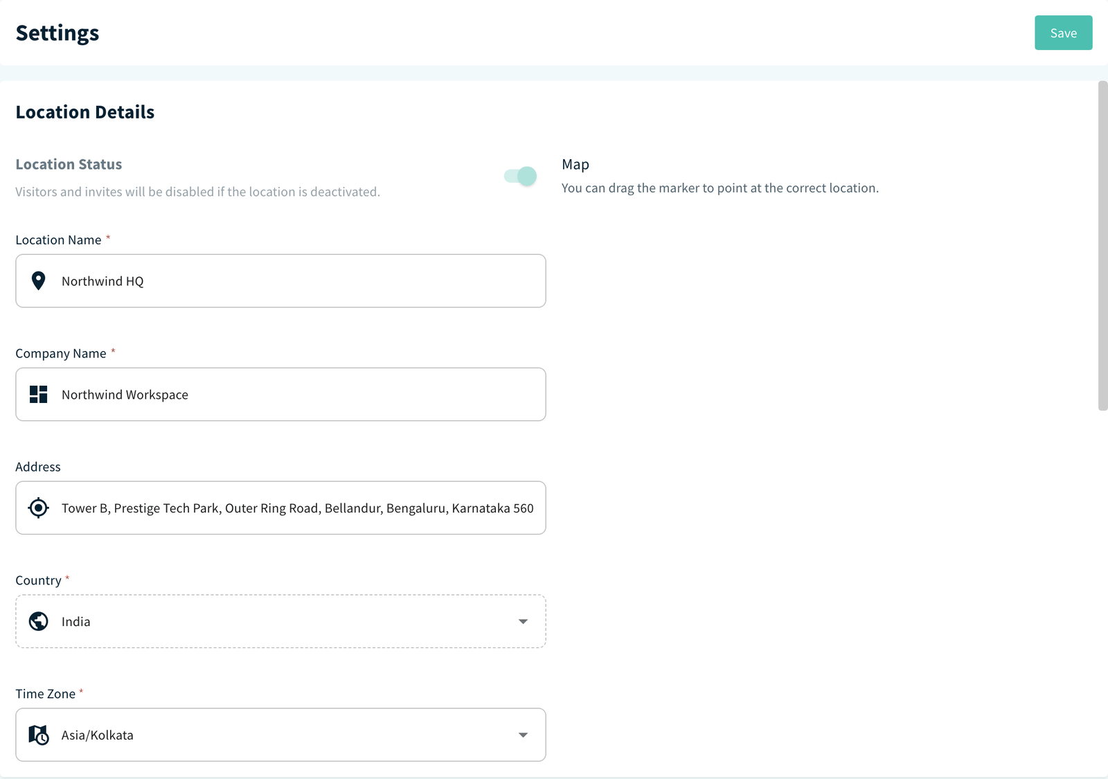 Location Settings page, Location Details card with map and Save button