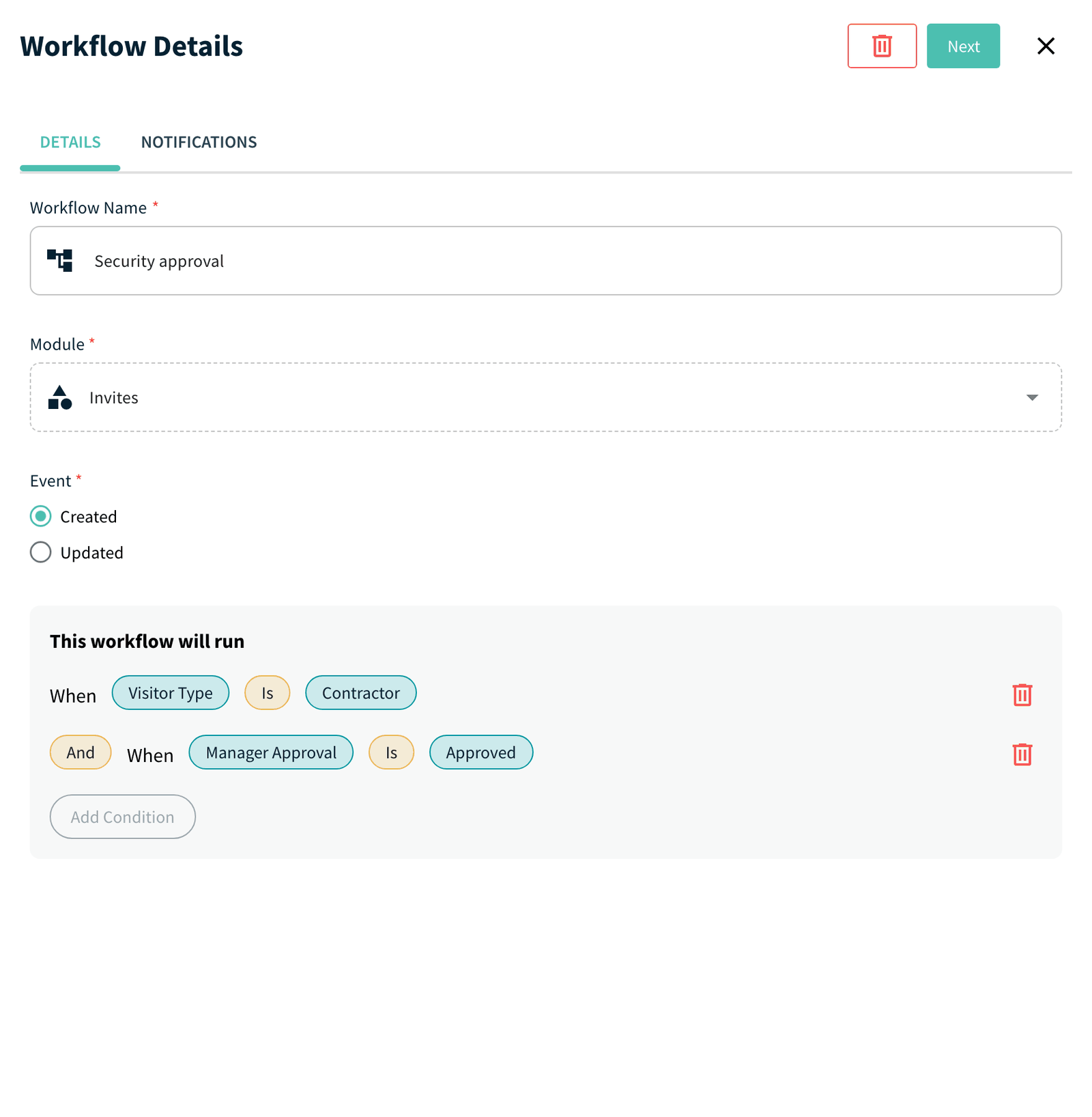 Workflow Details, Details tab with the condition that the first approval Is Approved