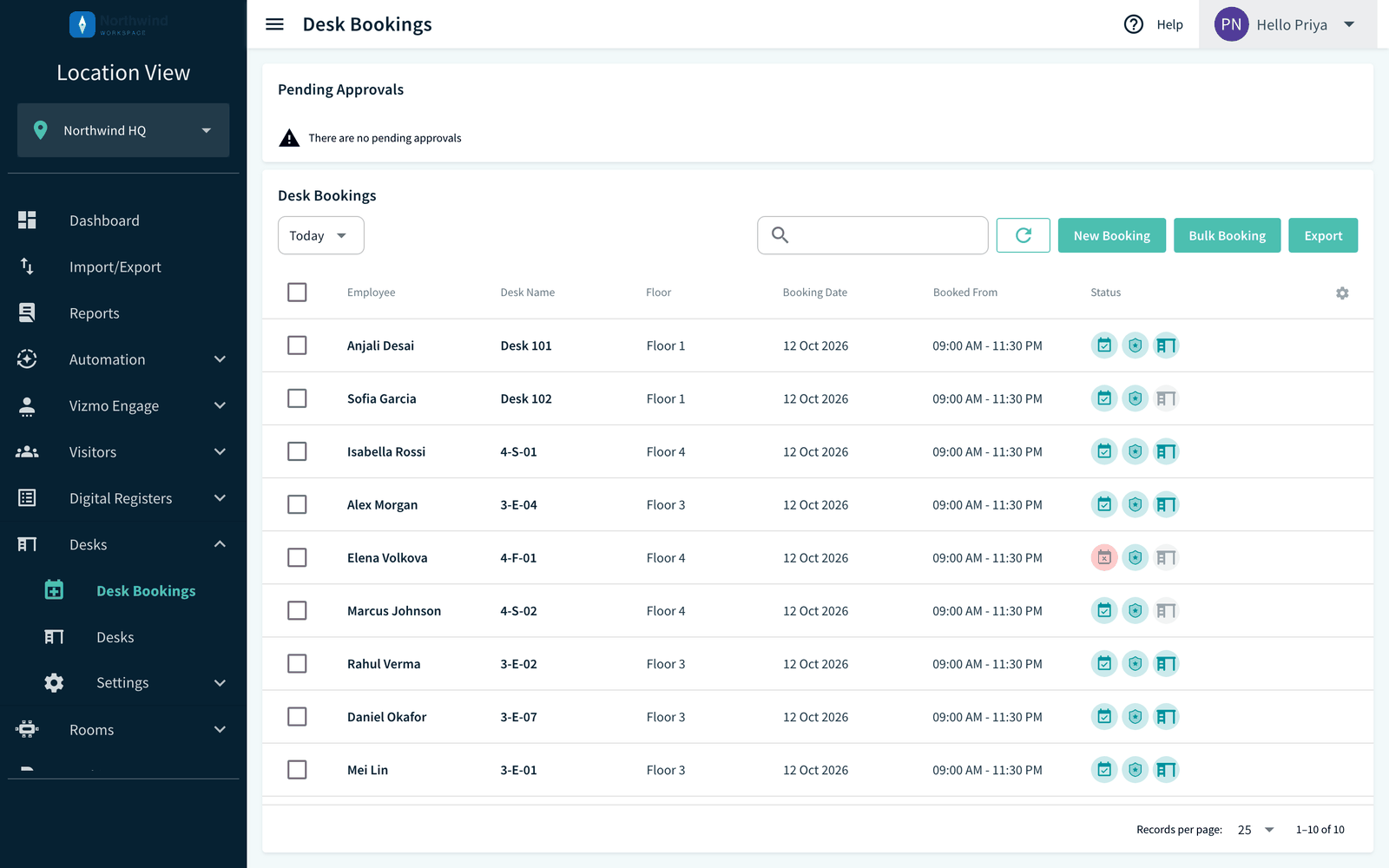 Desk Bookings page with the New Booking button