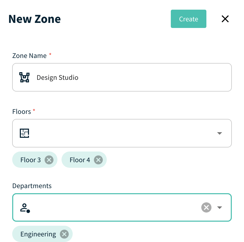 New Zone form with Zone Name, Floors and Departments